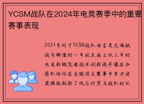 YCSM战队在2024年电竞赛季中的重要赛事表现